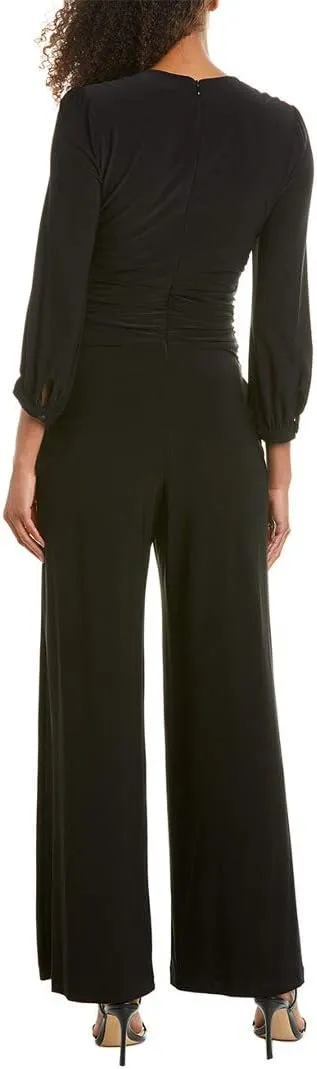 Taylor V-Neck Long Sleeve Ruched Zipper Back Solid Jersey Jumpsuit