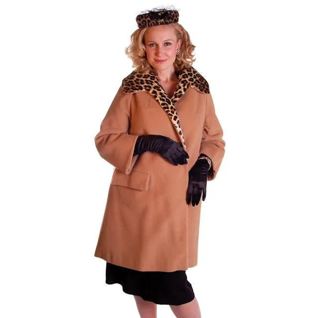 Vintage Camel/Faux Leopard Trim/Lined Coat Kilimanjaro 1970S M-L