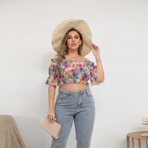 Voluptuous ( ) Tropical Floral Peach Women's Off-shoulder Cropped Top for Plus Size Women