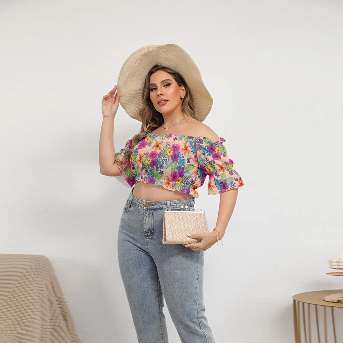 Voluptuous ( ) Tropical Floral Peach Women's Off-shoulder Cropped Top for Plus Size Women