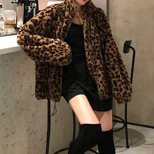 Winter Leopard Fur Jacket Women's Stand collar Warm Parkas Outerwear 2023