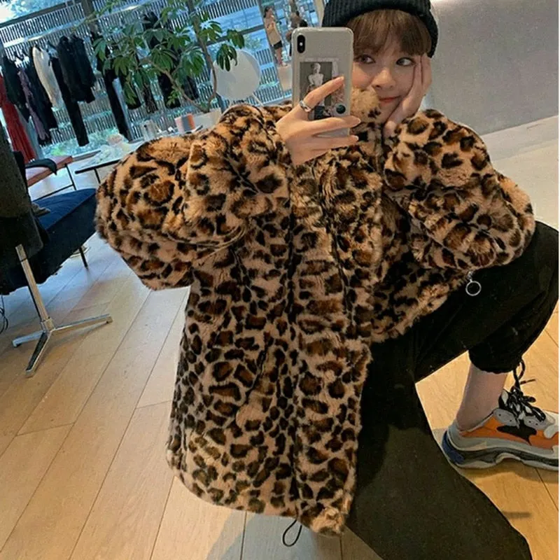 Winter Leopard Fur Jacket Women's Stand collar Warm Parkas Outerwear 2023