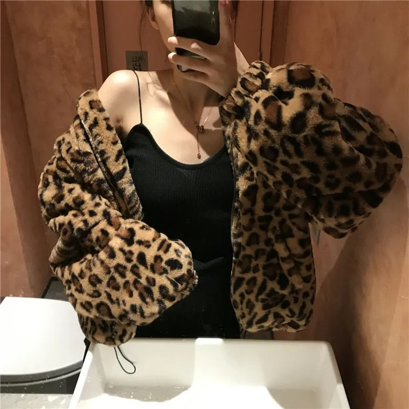 Winter Leopard Fur Jacket Women's Stand collar Warm Parkas Outerwear 2023