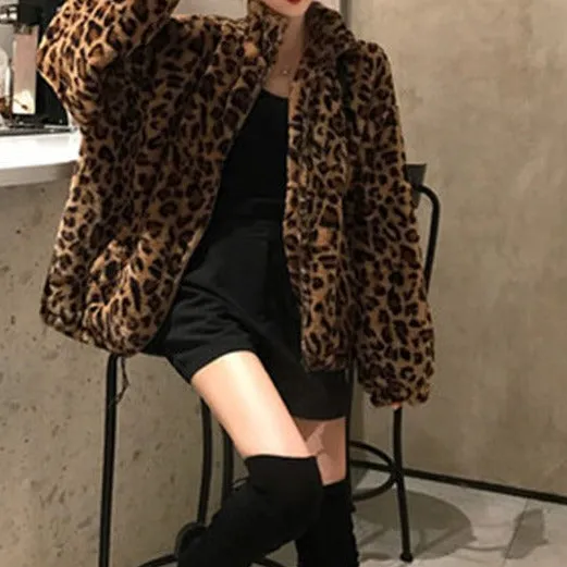 Winter Leopard Fur Jacket Women's Stand collar Warm Parkas Outerwear 2023