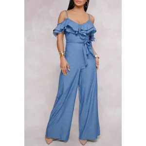 Women Summer Solid Pattern Wide Loose Leg One Shoulder Jumpsuit - WJC63535