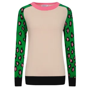 Women's green matching leopard-print knit sweater