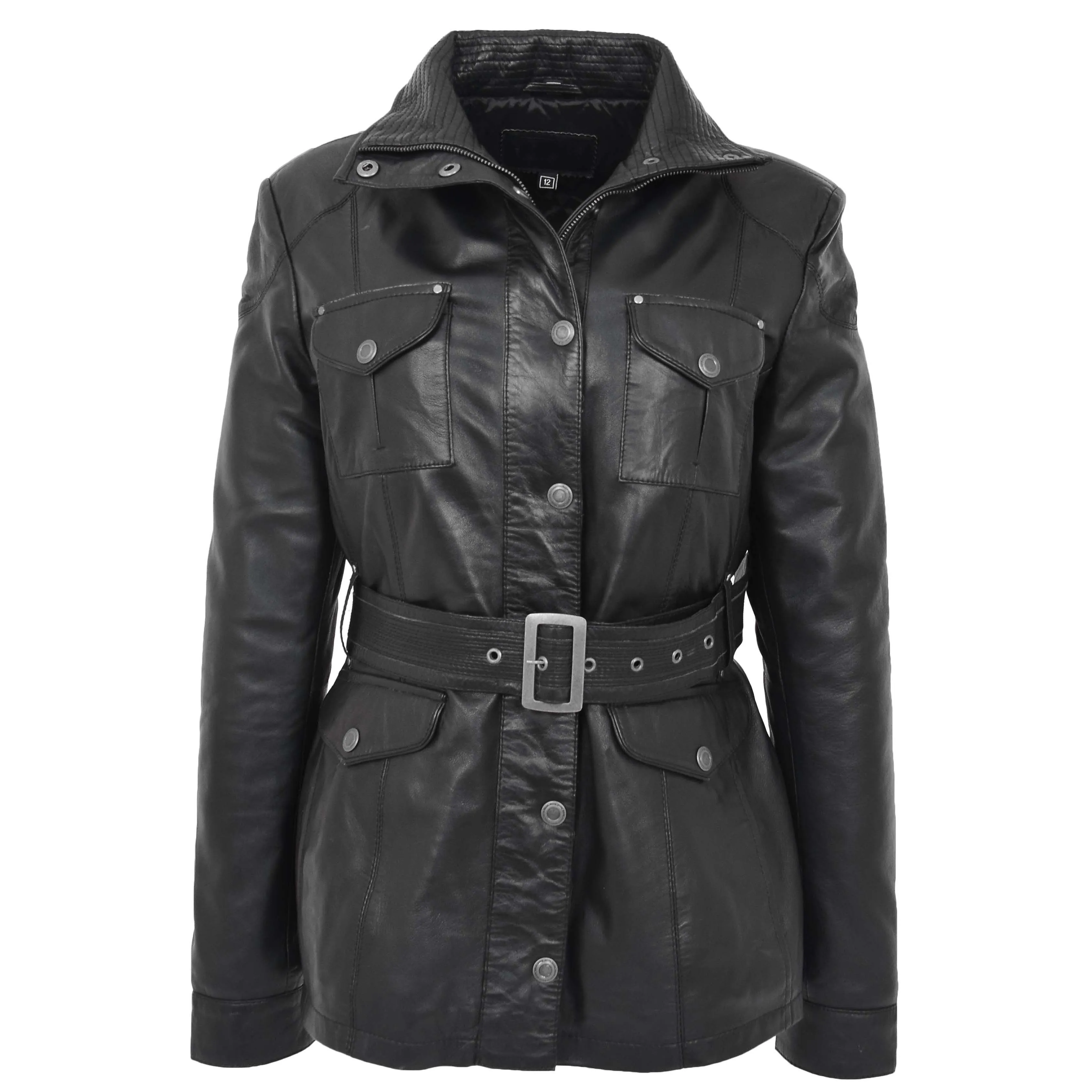 Womens Leather Coat with Detachable Hoodie Daisy Black