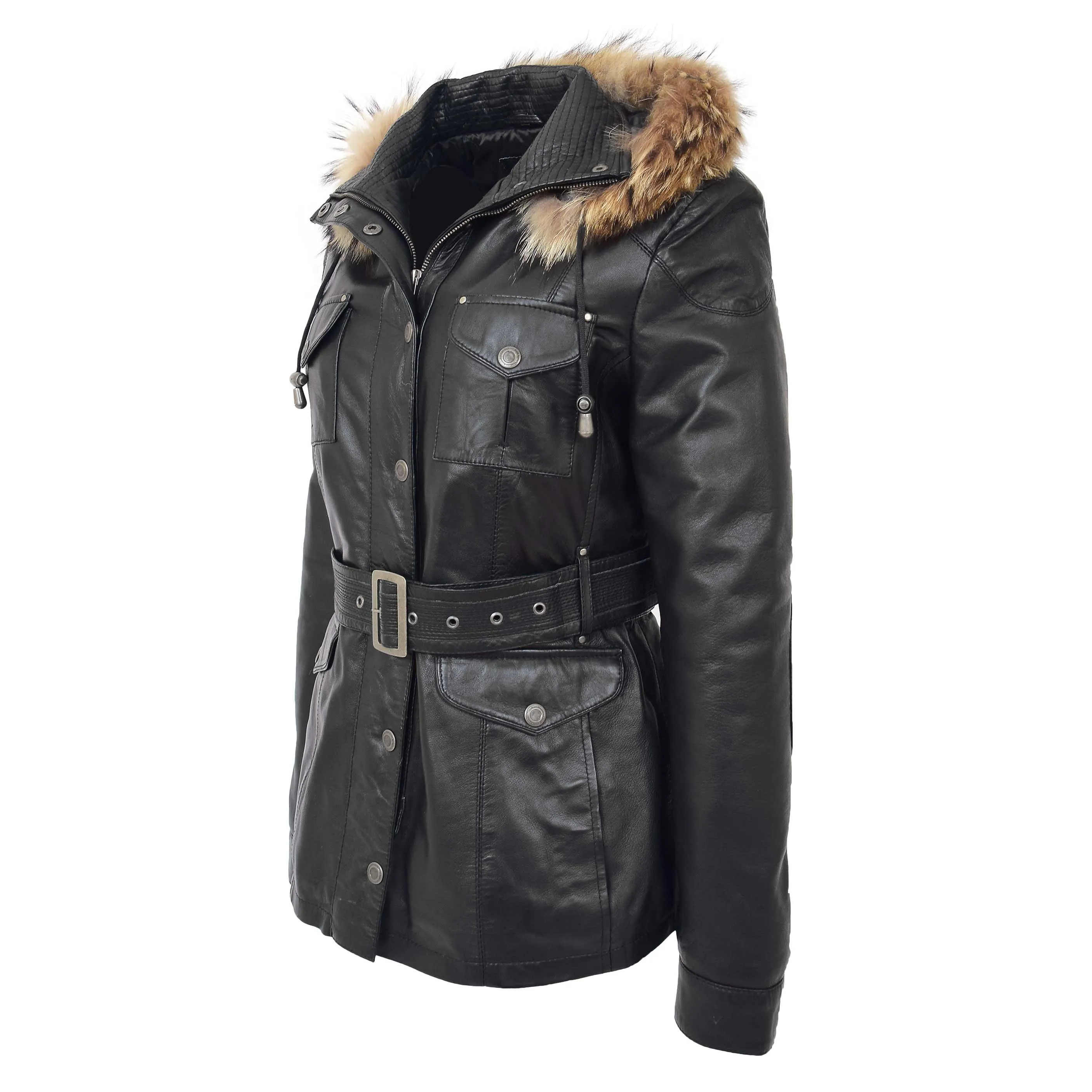 Womens Leather Coat with Detachable Hoodie Daisy Black