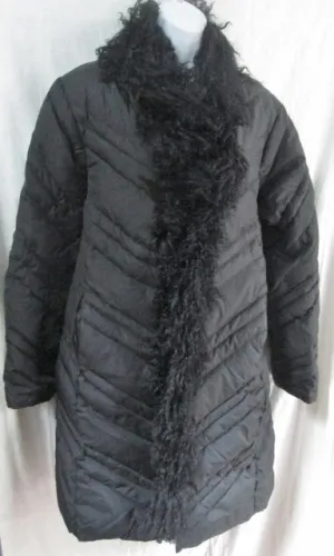 Womens NINE WEST MONGOLIAN SHEEP Fur DOWN Puffer Coat Jacket L BLACK