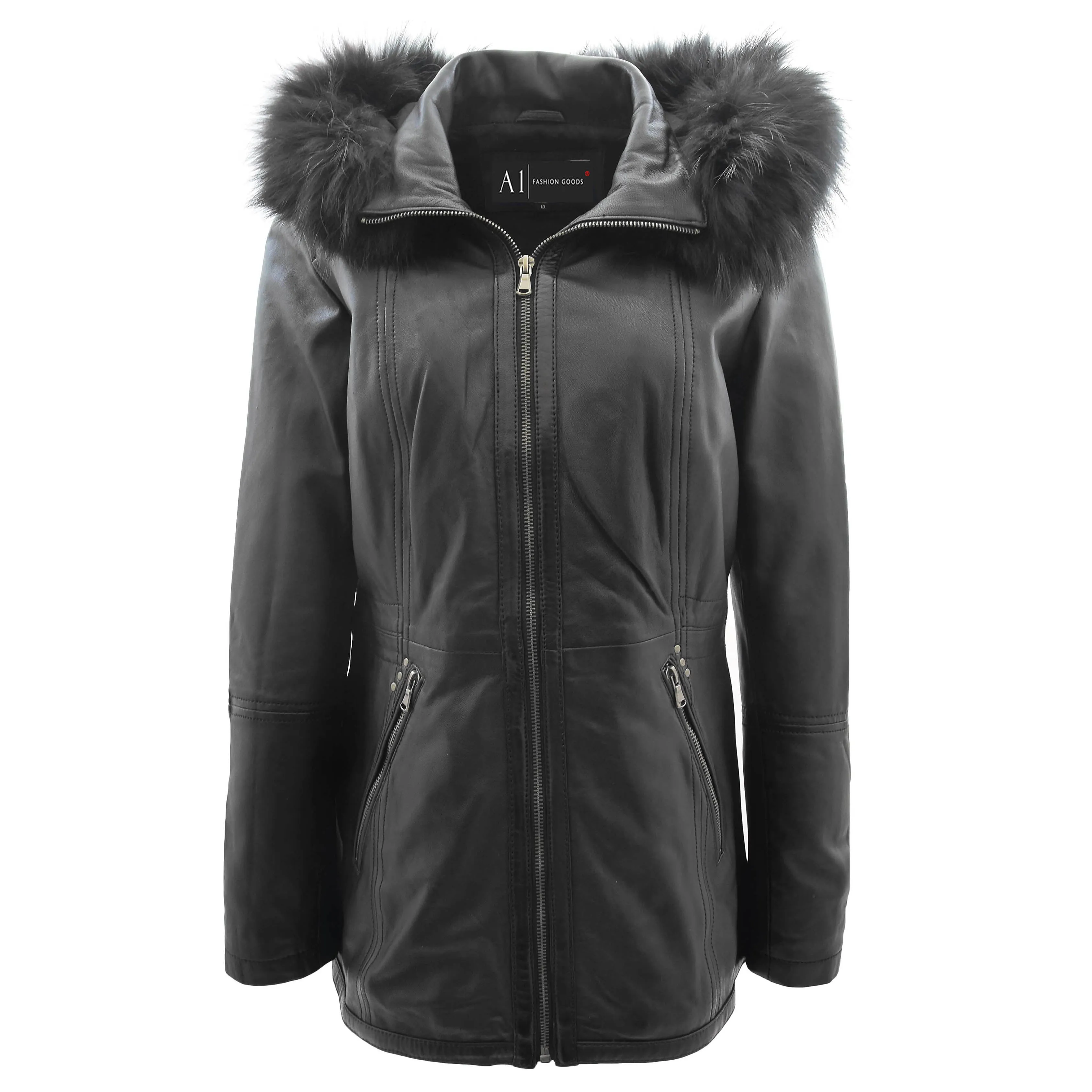 Womens Soft Black Leather Duffle Coat Hip Length Removable Hood Parka Jacket Sofia