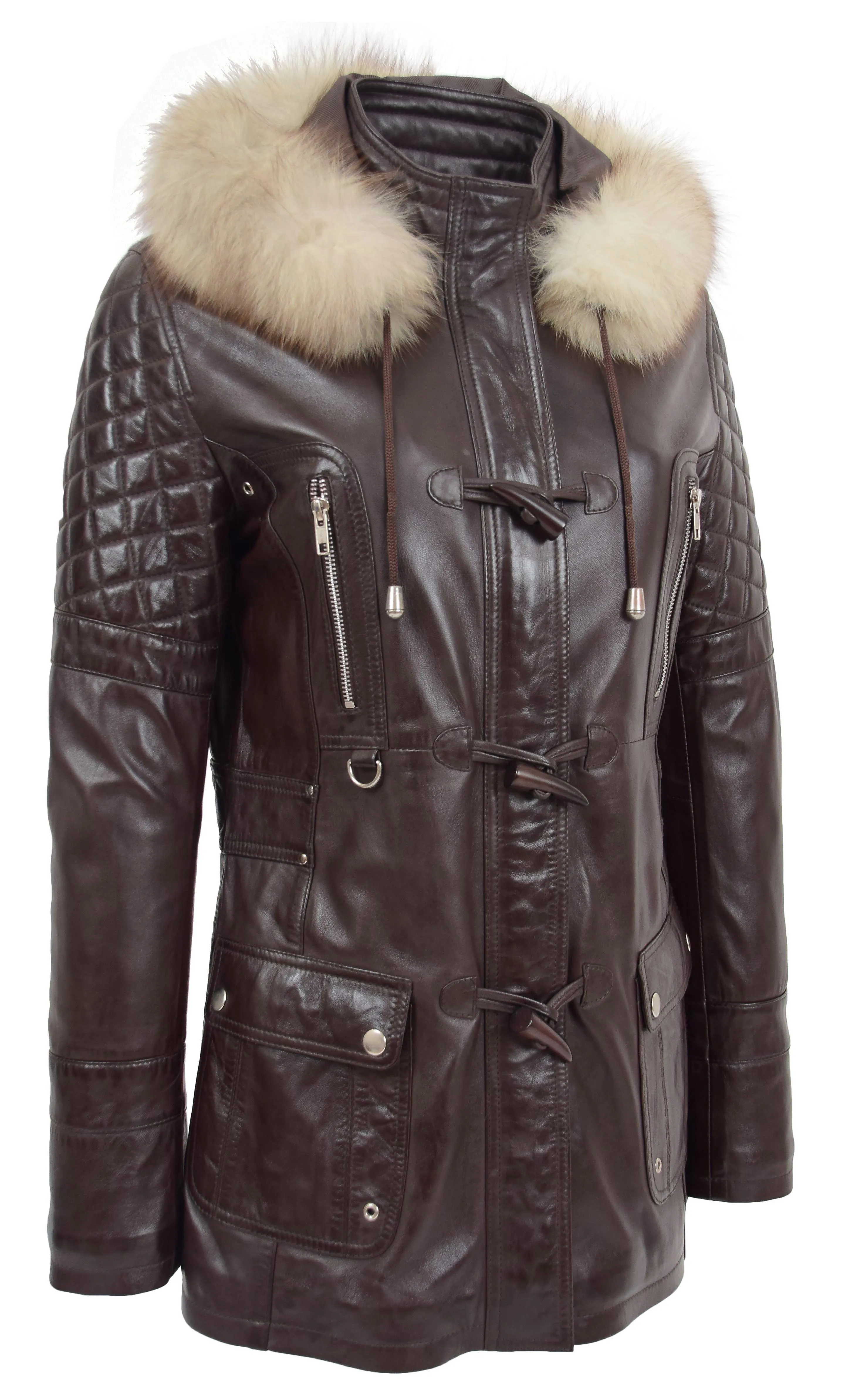 Womens Trendy Real Soft Leather Duffle Coat Fitted Removable Hood Parka Cory Brown