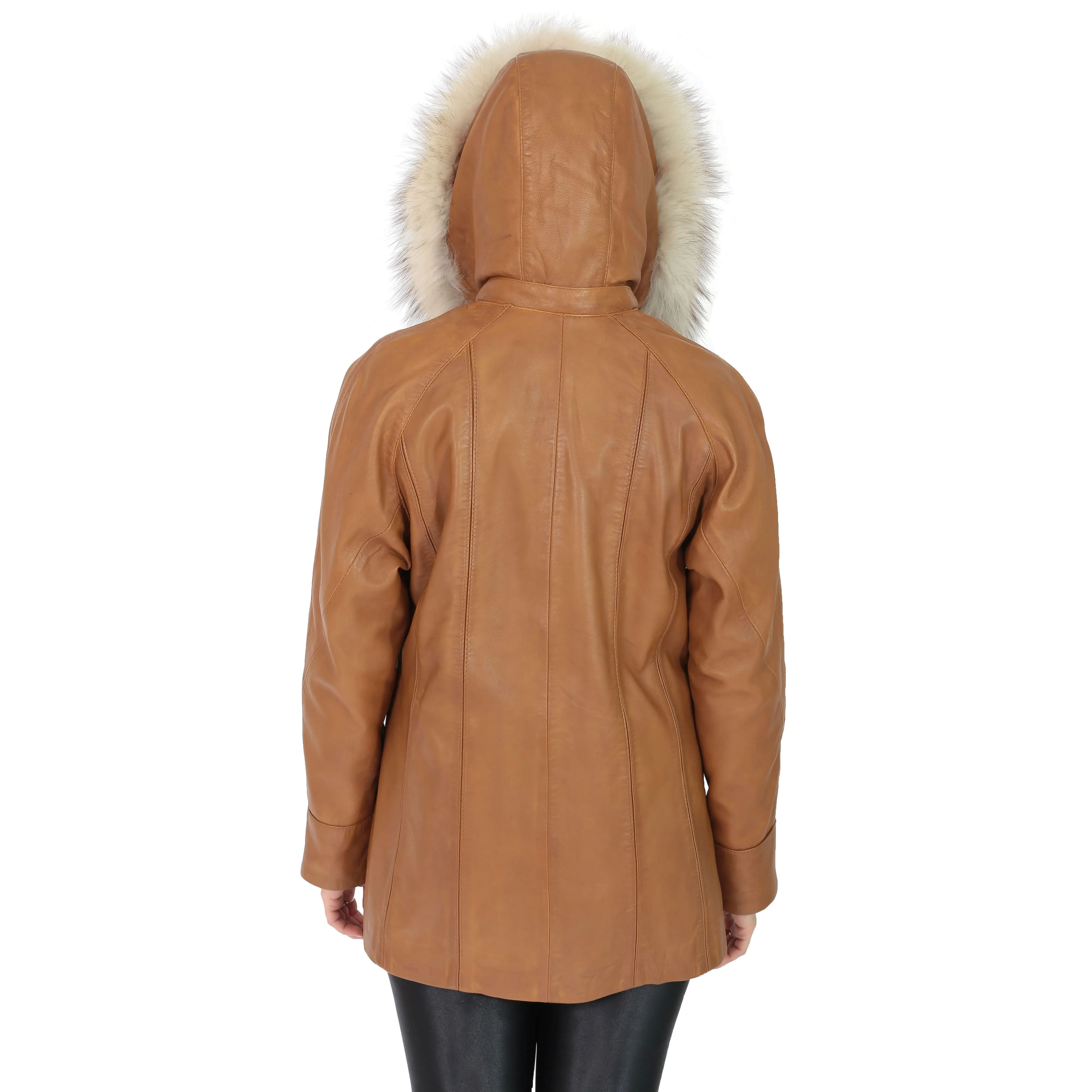 Womens Zip up Detachable Hood Parka Duffle Leather Coat Isabella Tan