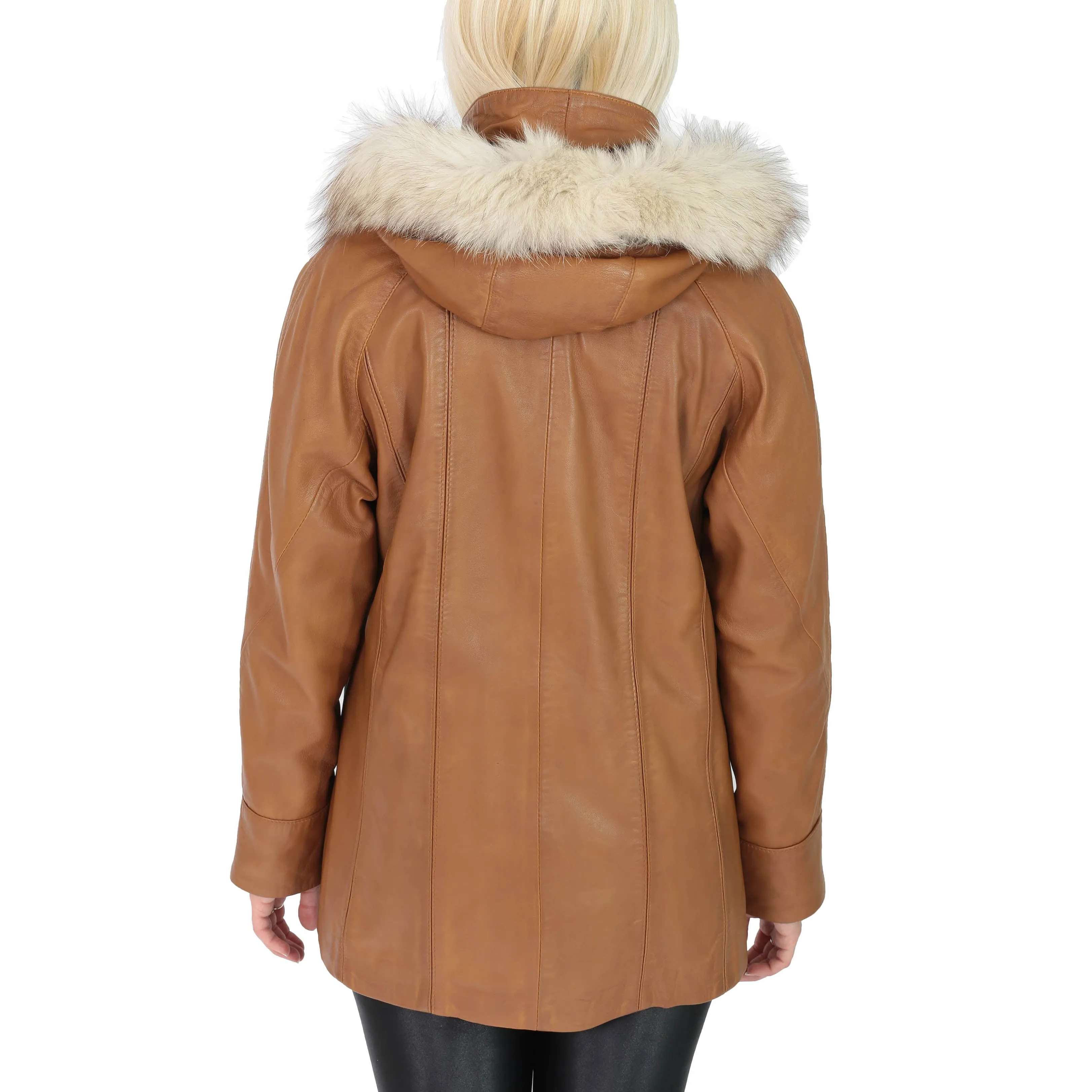 Womens Zip up Detachable Hood Parka Duffle Leather Coat Isabella Tan