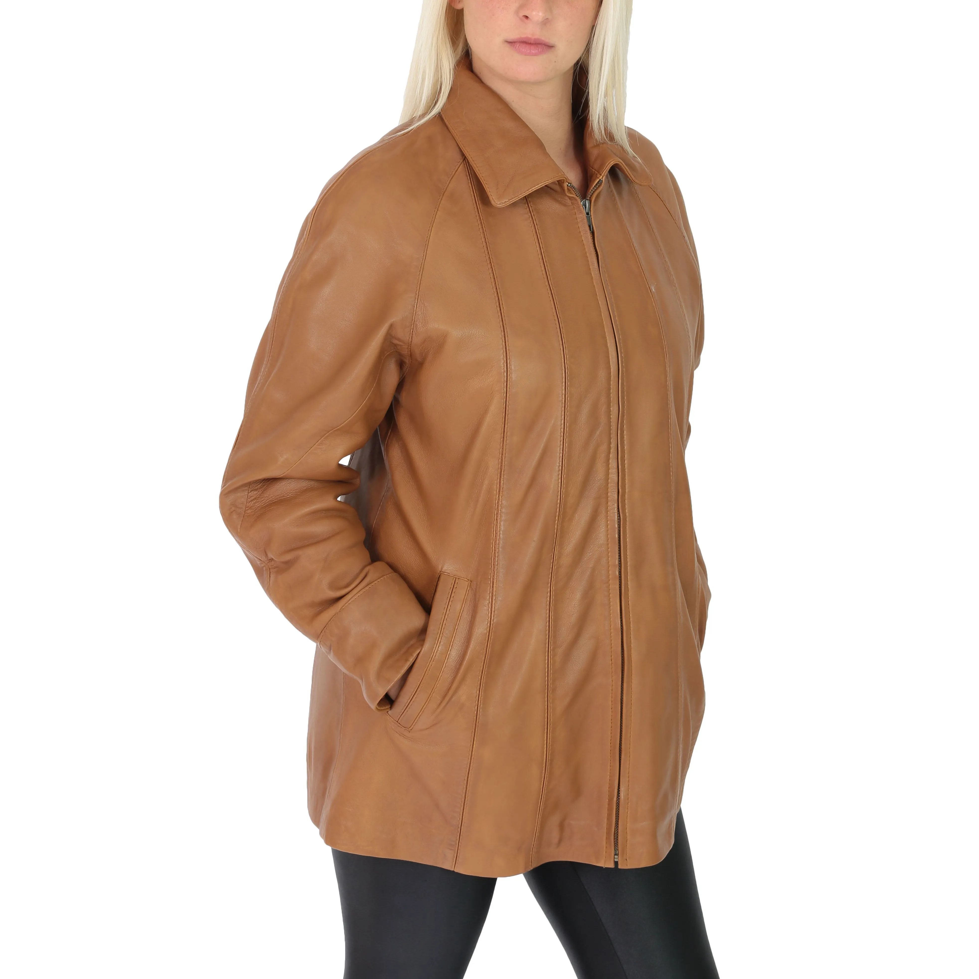 Womens Zip up Detachable Hood Parka Duffle Leather Coat Isabella Tan